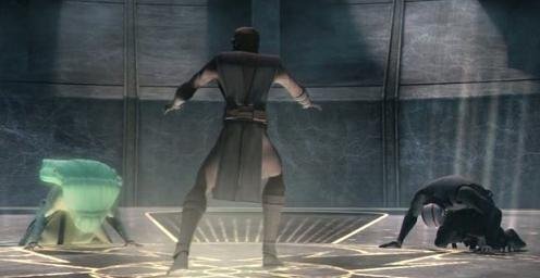 The two sides of the Force kneeling before the Chosen One