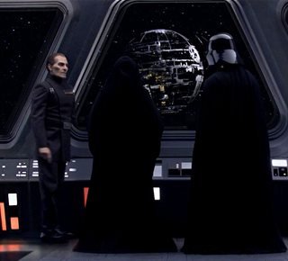 Emperor and Vader looking at the Death Star under construction