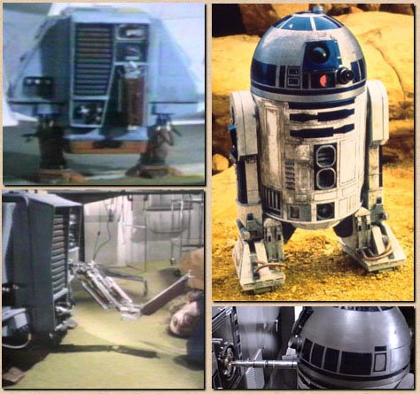 Collage showing the comparisons between the trio and R2, top left shows one of the trio and top right shows R2 and their "similar" looks. Bottom left shows an extension arm of the trio working on a control panel and bottom right shows R2's similar extension arm in a socket working away