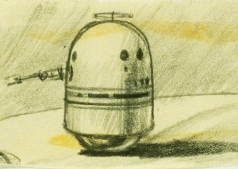 The original R2-D2 sketch by Ralph McQuarrie showing a tubular object with an antenna on top, a smaller wheeled bottom and an extension arm out the side